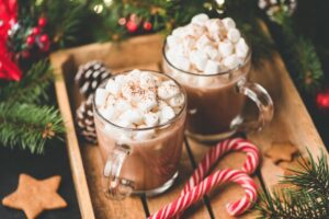 Two cups of hot chocolate with marshmallows.